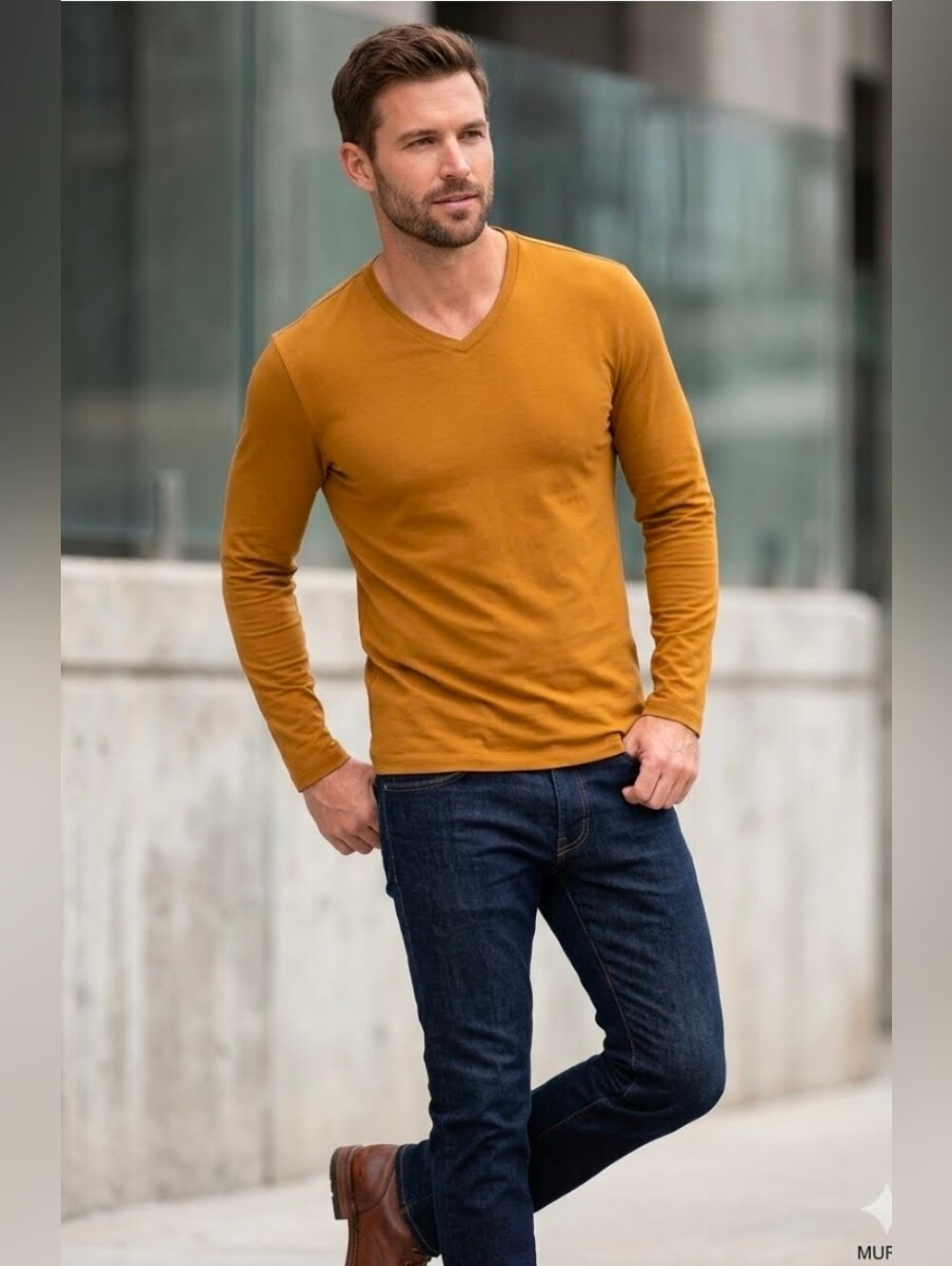 Murano Men’s Slim Fit Long Sleeve V-Neck Shirt Mustard Yellow Med